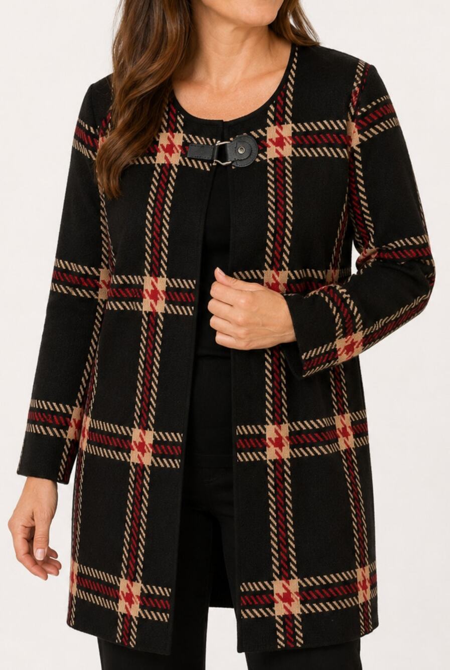 Anne Klein Plaid Cardigan Jacket Buckle Open Front Longline Duster Sweater
